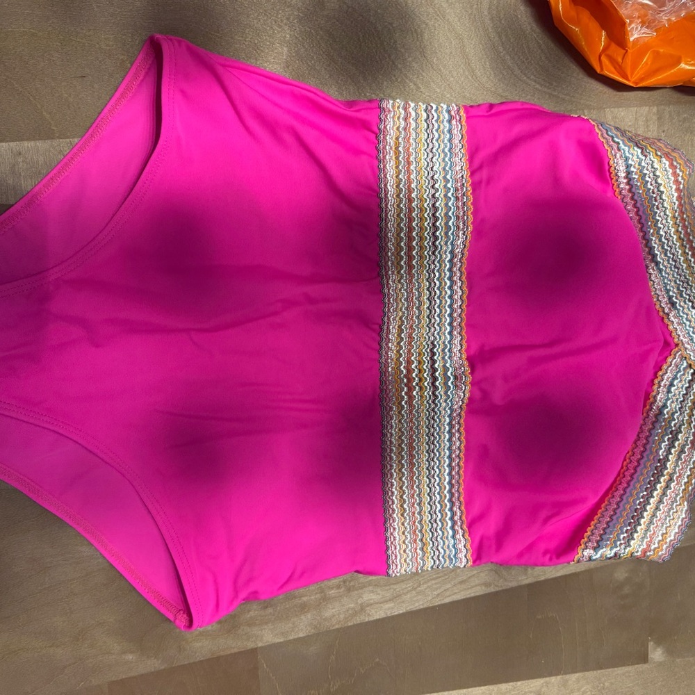Pink One-Piece Swimsuit with Multicolor Stripes